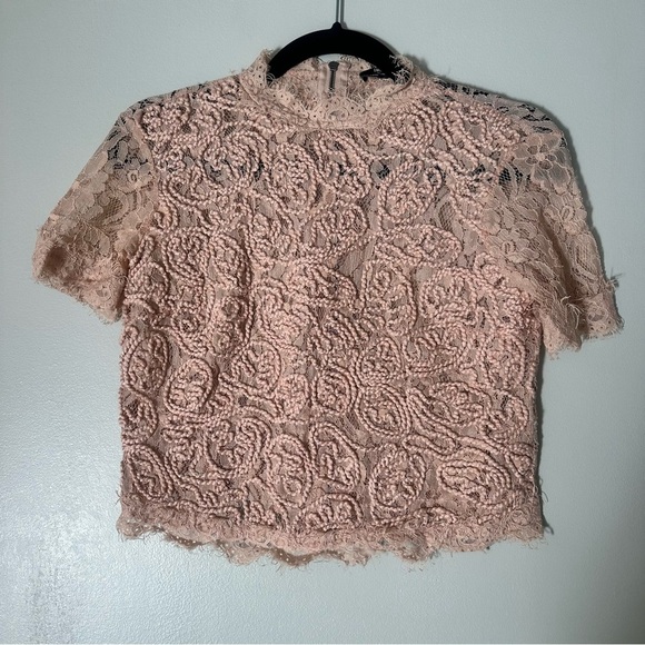 Zara Trafaluc Lace Blouse Crop Shirt Zip Back Blush Pink Women’s Size Small - Picture 1 of 10